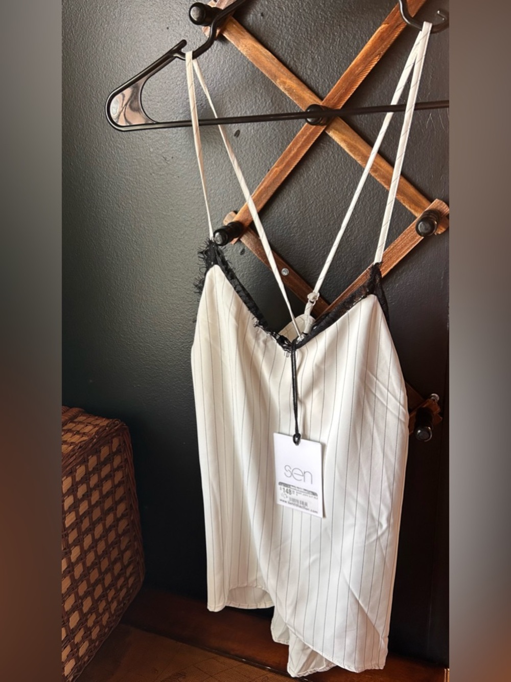SEN Boutique Women's White Pinstripe Lace Trim Camisole -NWT-